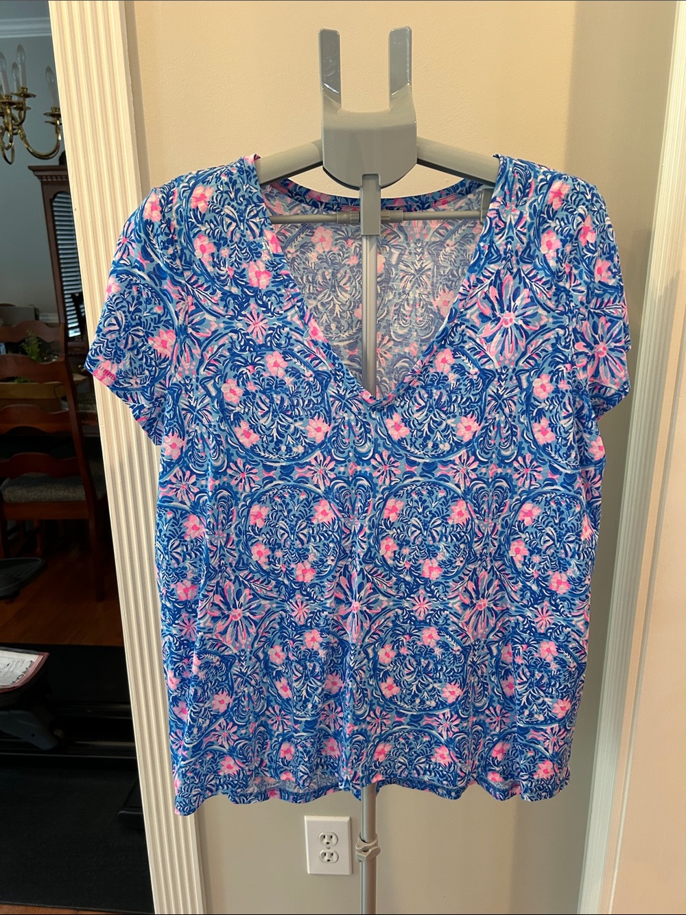 Lilly Pulitzer Blue and Pink V-Neck Short Sleeve Etta Top High-low Hem